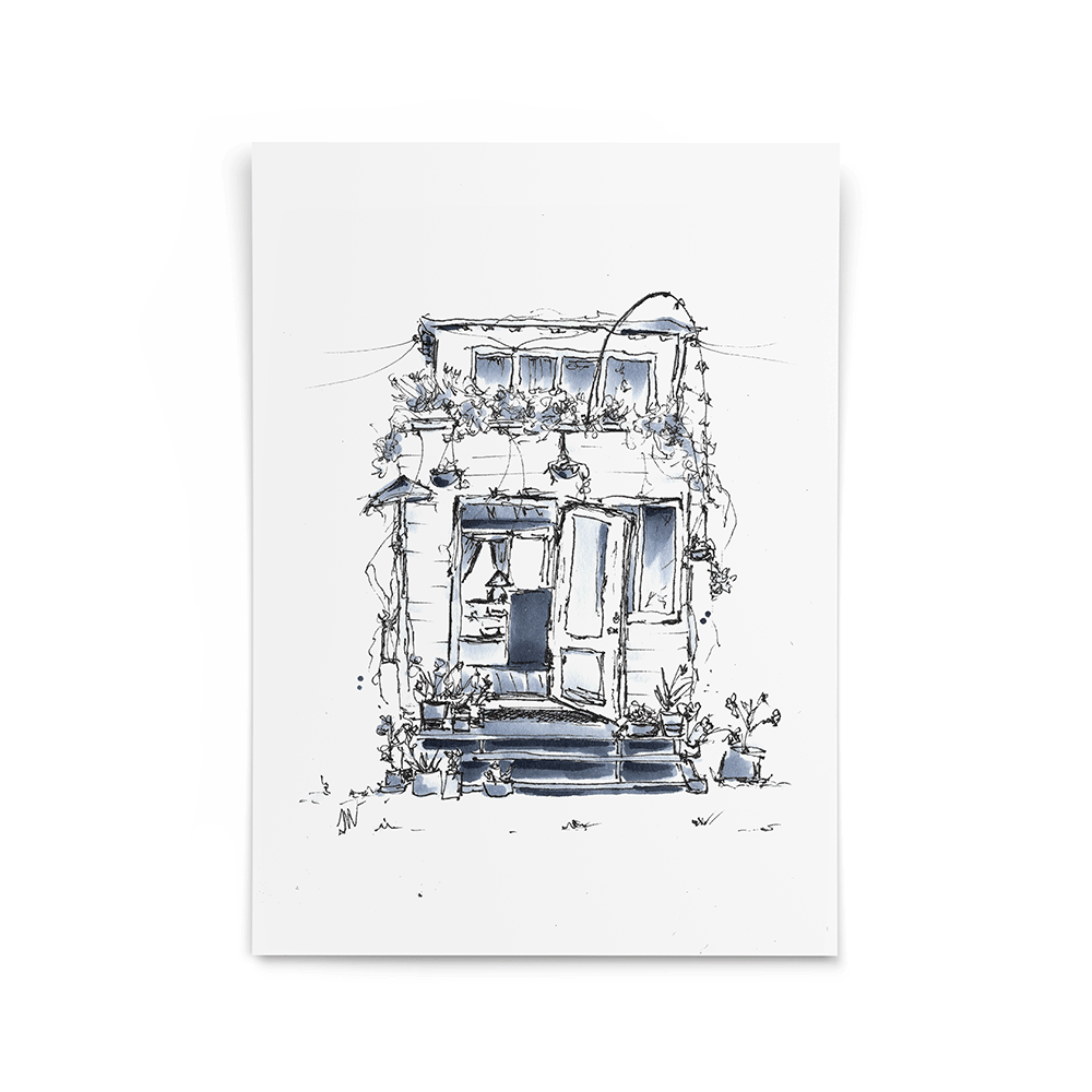 Illustration little houses copic markers and fineliner drawing beach house