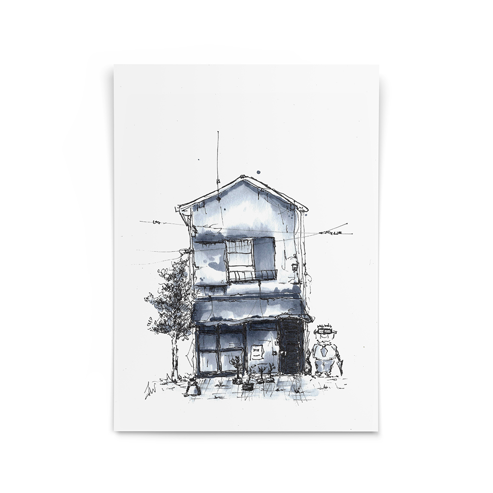 Illustration little houses copic markers and fineliner drawing old man umbrella
