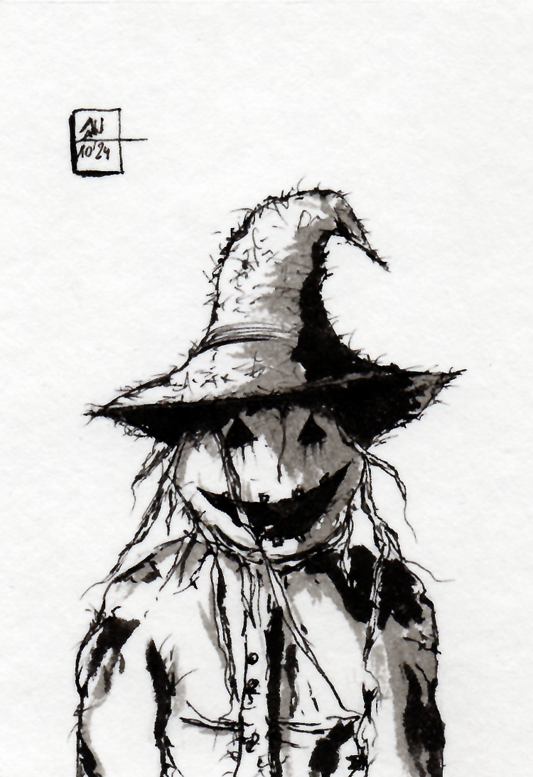 illustratie pentekening inkt drawing splash black and white indian ink japanese brush illustration fineliner hahnemule scarecrow vogelverschriker
