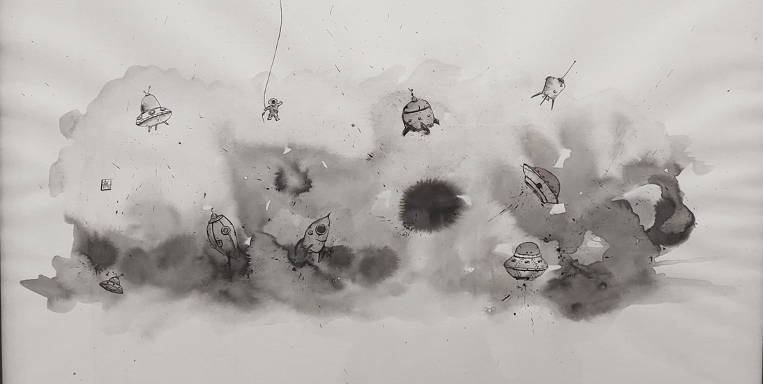 illustratie pentekening inkt drawing splash black and white indian ink japanese brush illustration fineliner hahnemule space ufo alien lamy safari pentell