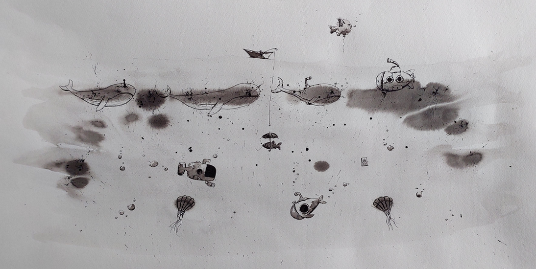 illustratie pentekening inkt drawing splash black and white indian ink japanese brush illustration fineliner hahnemule walvis whale deepsea