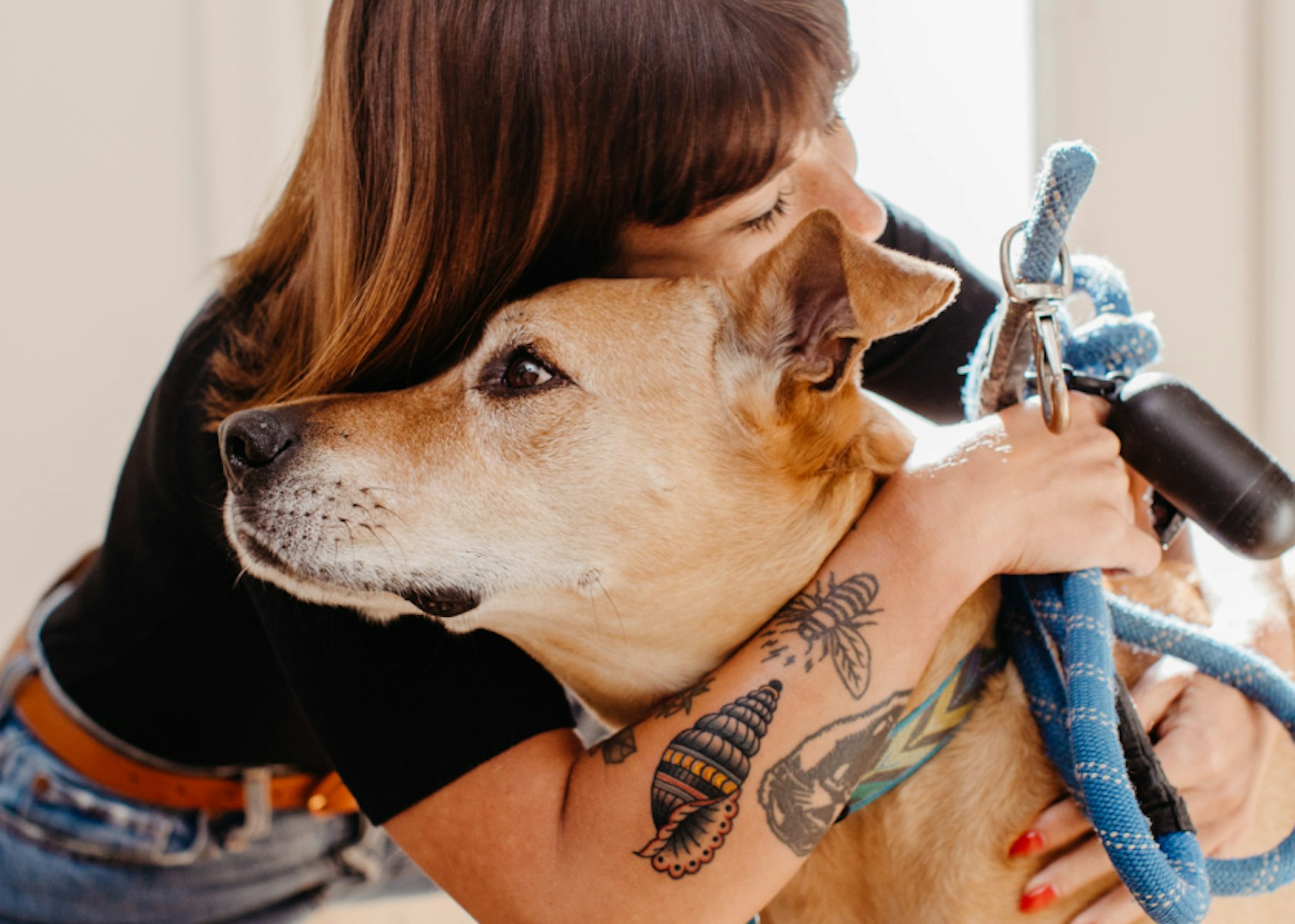 Woman Hugging Dog After Flea Treatment