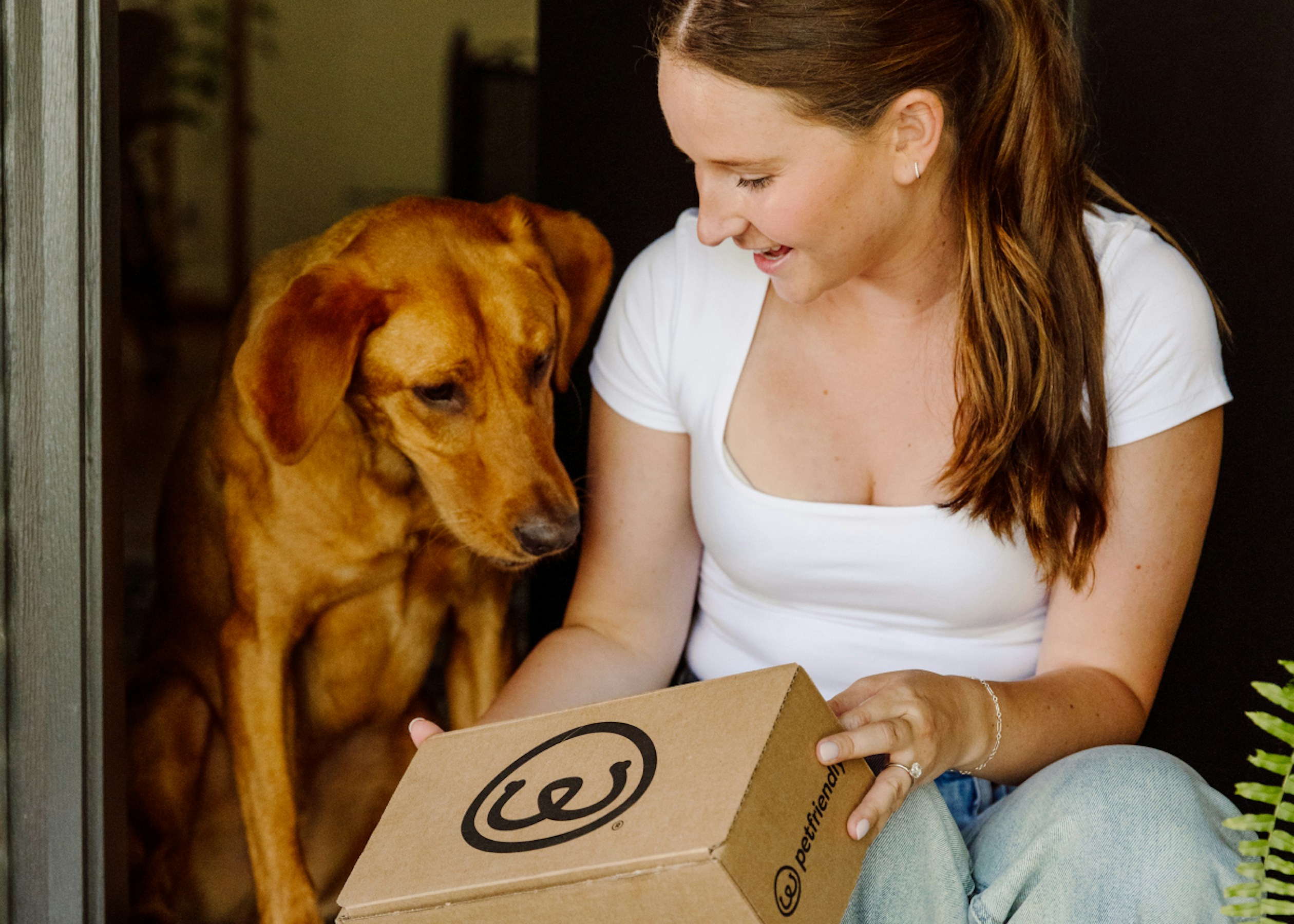 Dog with his Human receiving box from PetFriendly