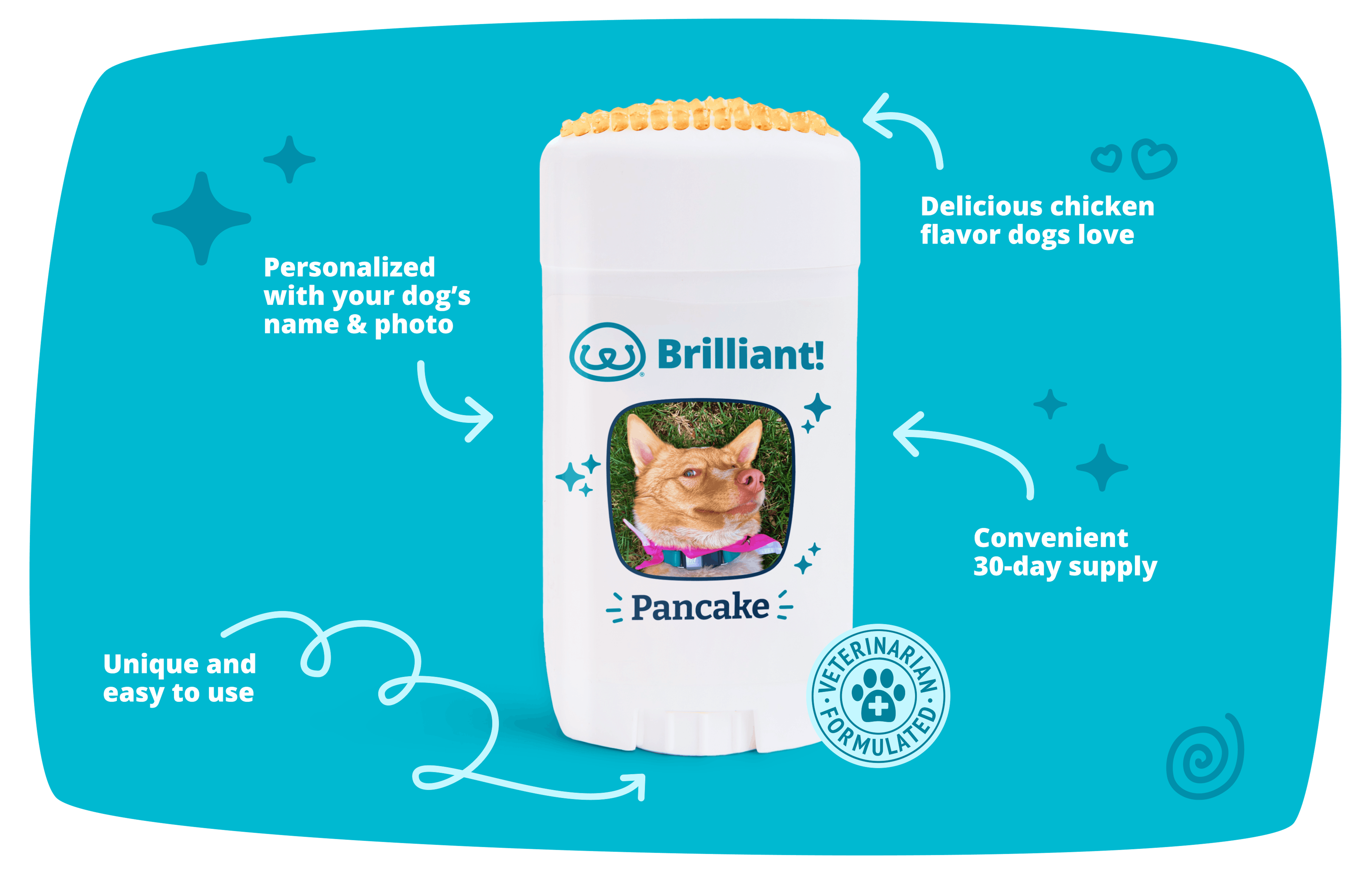 Unique, dog-approved dispenser, delicious chicken flavor, your dog's name and photo, 30-day supply
