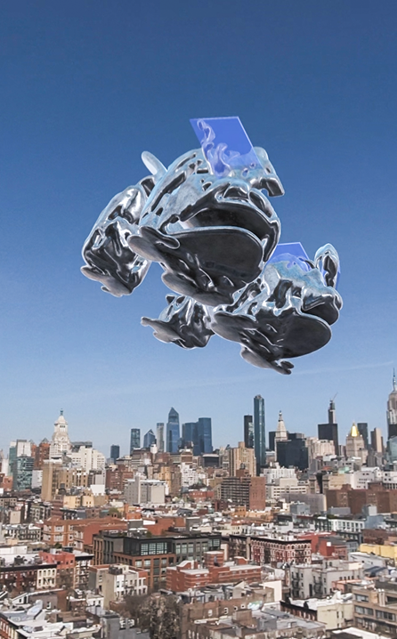 Image of the syky showroom being projected into the sky above new york