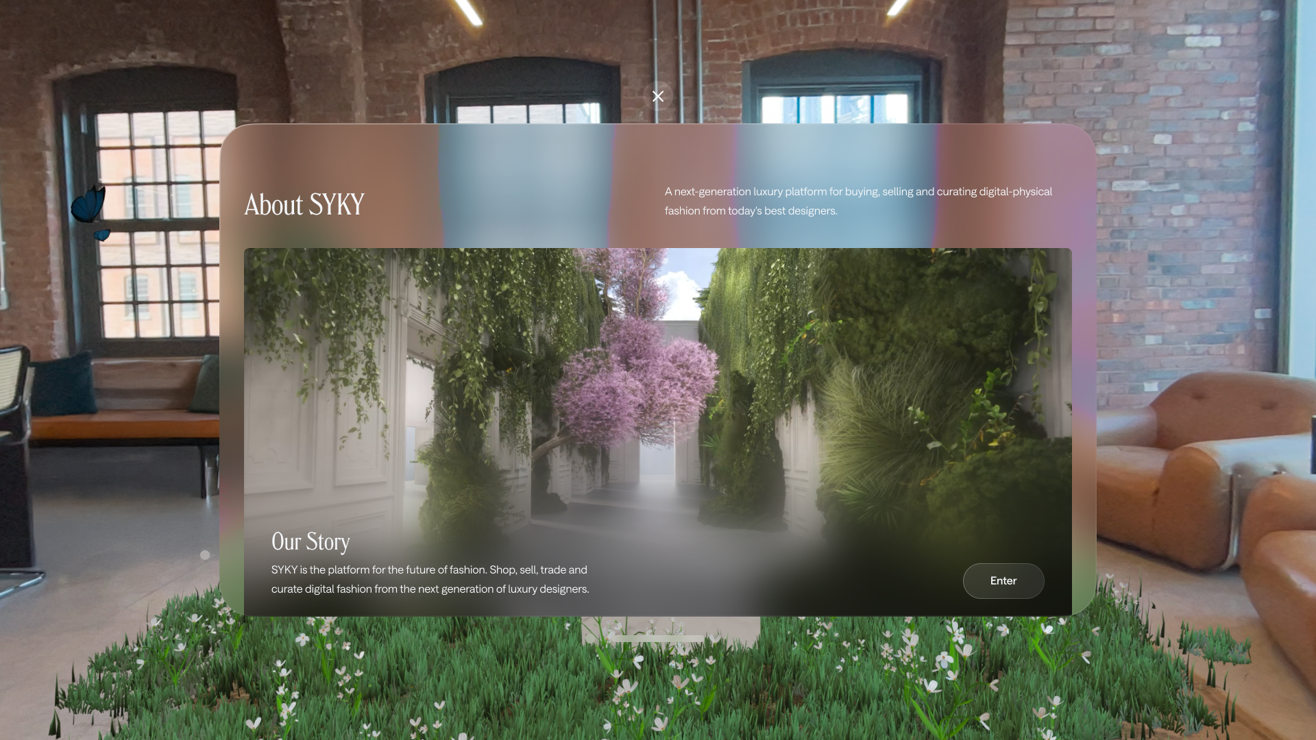 Screenshot from within the SYKY apple vision pro app showing the showroom homescreen. It shows a clean gallery like background then the SYKY window shows a lush green vegetated outdoor piazza
