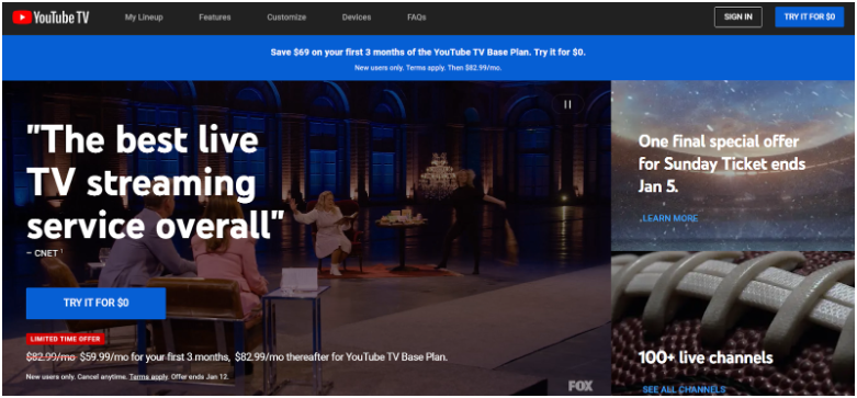 Youtube TV ads homepage