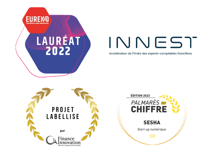Logos des distinctions et sélections reçues par Sesha : INNEST, Concours Eurek@, Label Finance Innovation et Palmarès du Chiffre