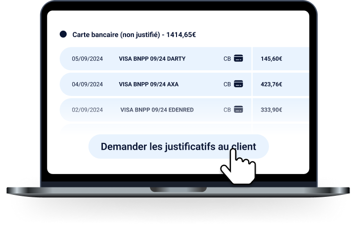 Demander les justificatifs au client (Sesha) Interface du logiciel Sesha identifiant automatiquement les pièces justificatives manquantes pour simplifier la collecte auprès des clients