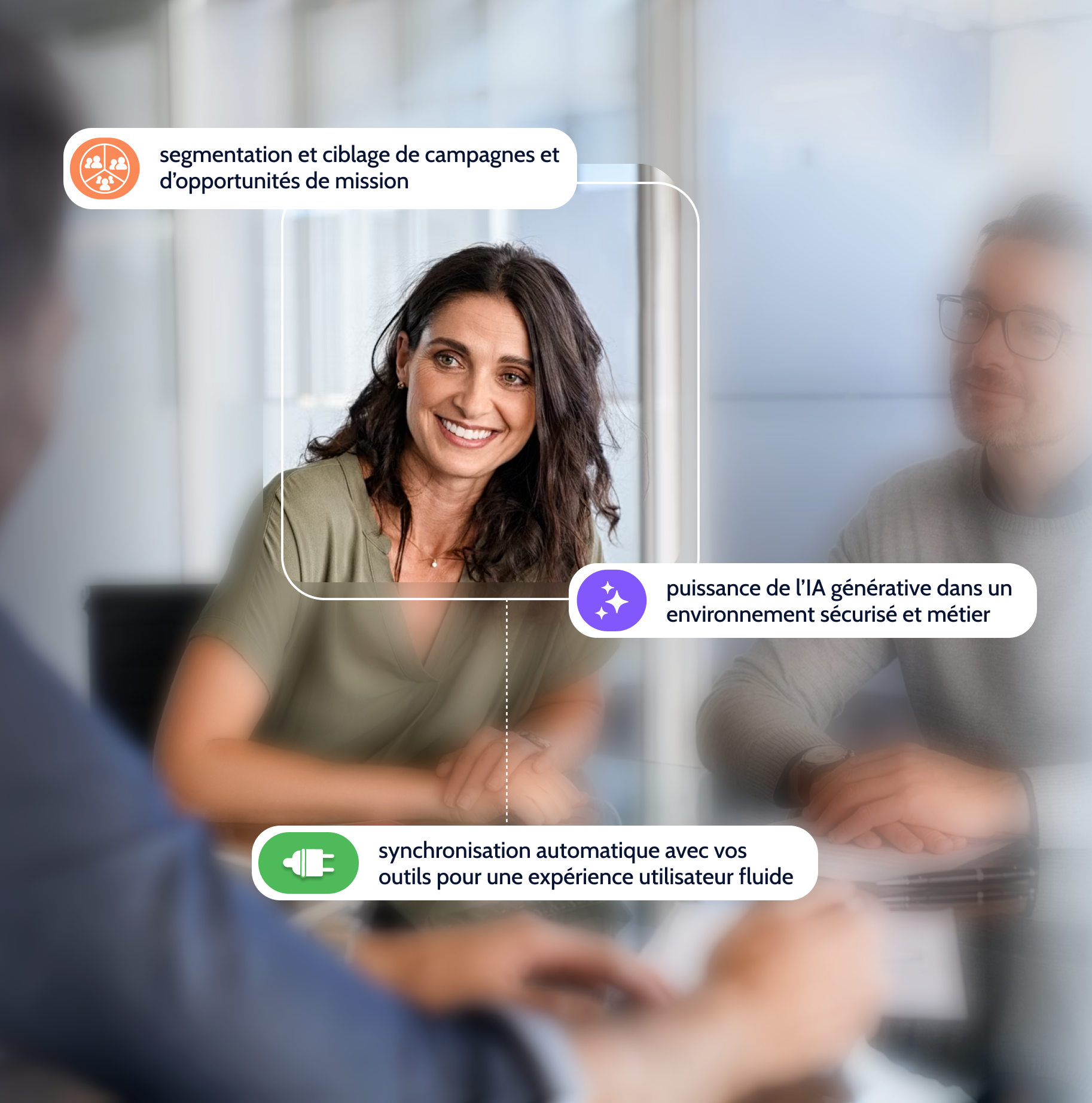 Collaboratrice d'un cabinet d'expertise comptable en réunion, image de couverture de la page d'accueil Sesha présentant la segmentation des campagnes et opportunités, l'IA générative sécurisée et la synchronisation automatique avec vos outils