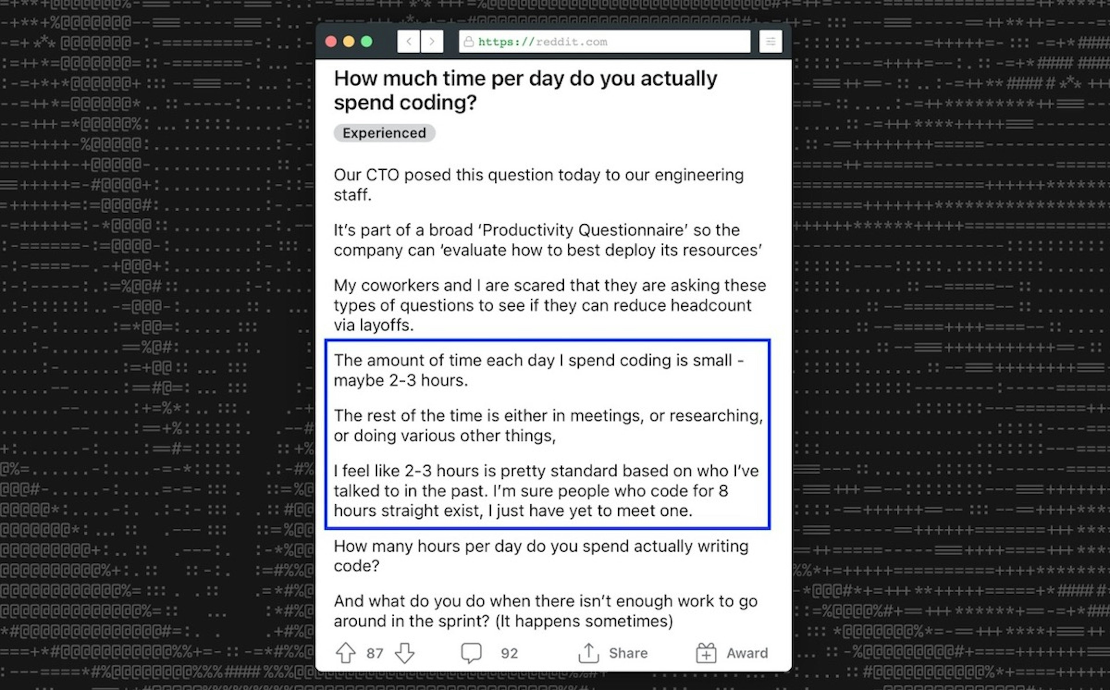 Reddit - How much time per day do you actually spend coding?