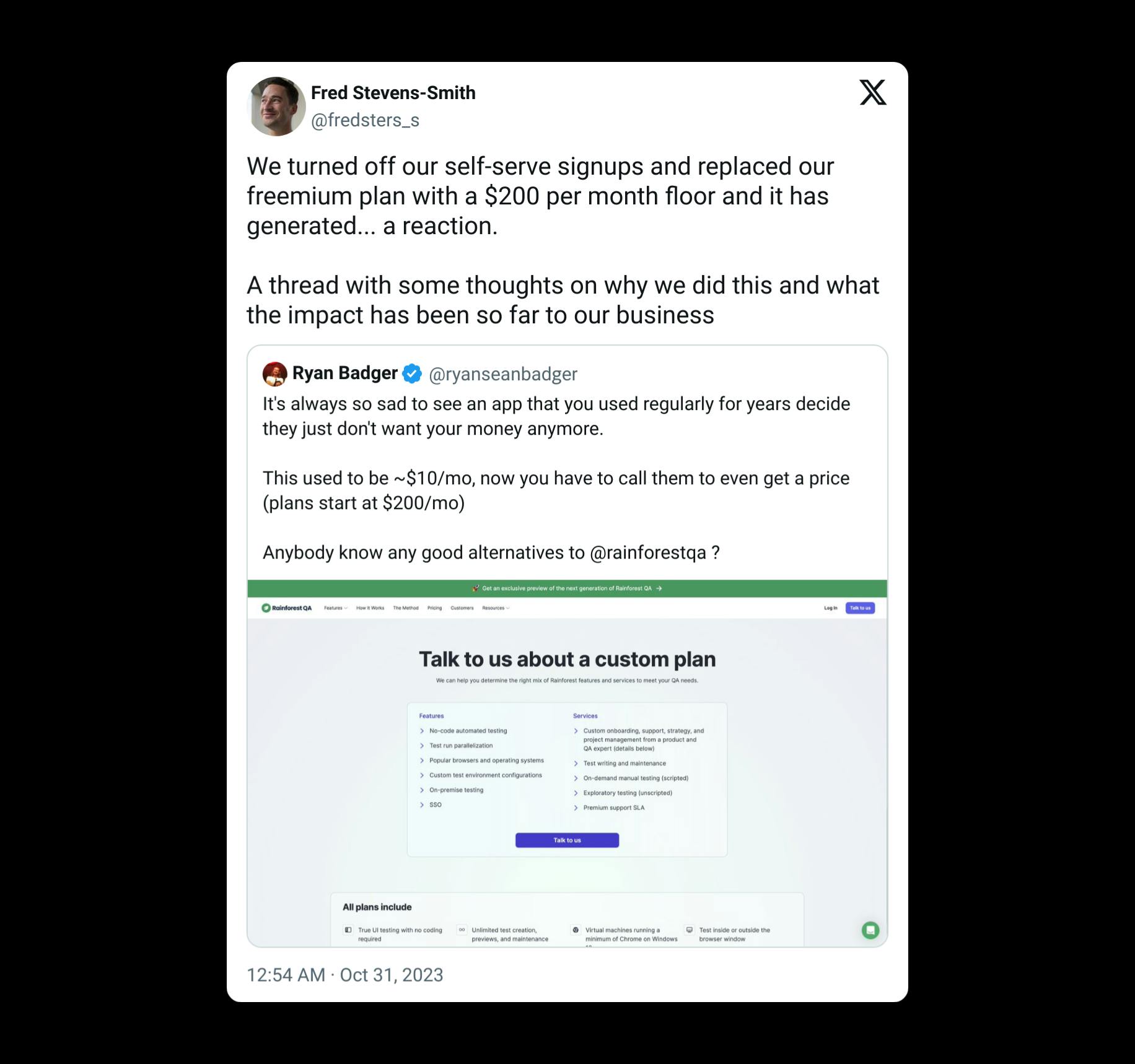 Fred Stevens-Smith, co-founder of Rainforest QA, tweets about PLG challenges