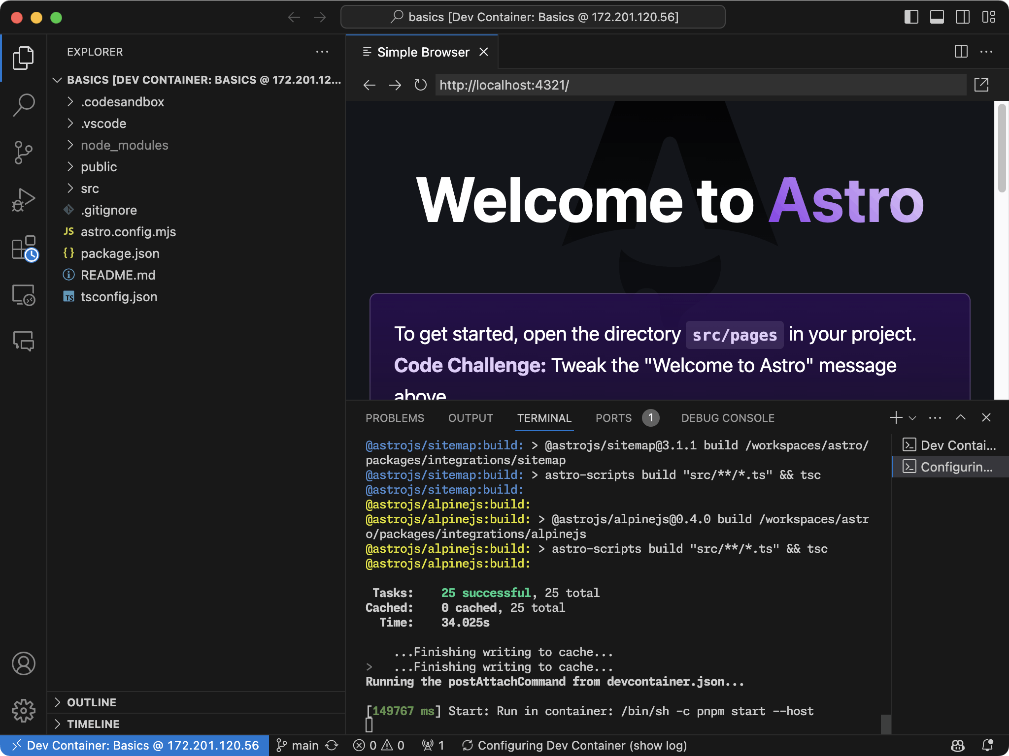 Astro Running in Dev Container