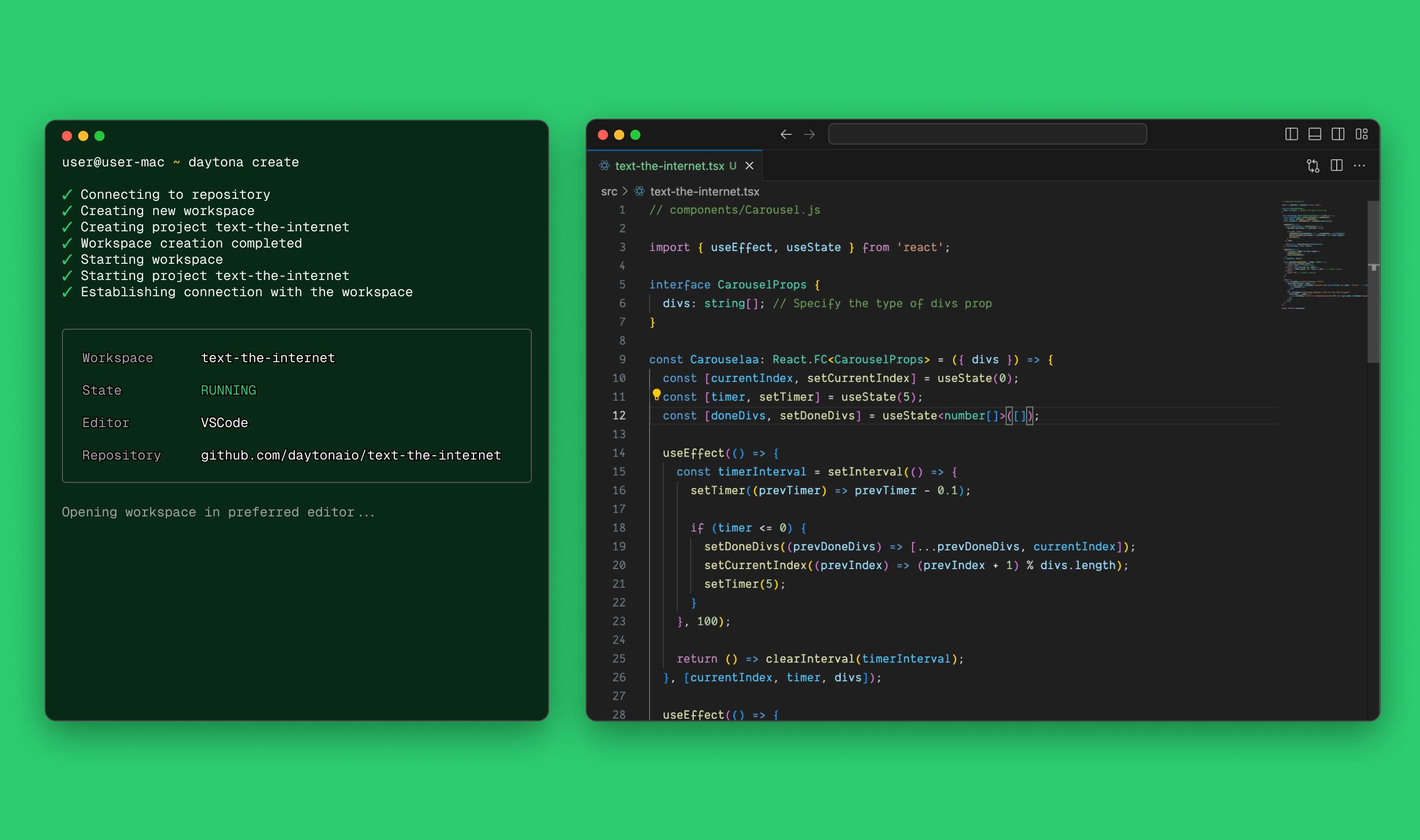 Daytona: Remote Workspace created via terminal & opened in Local VS Code