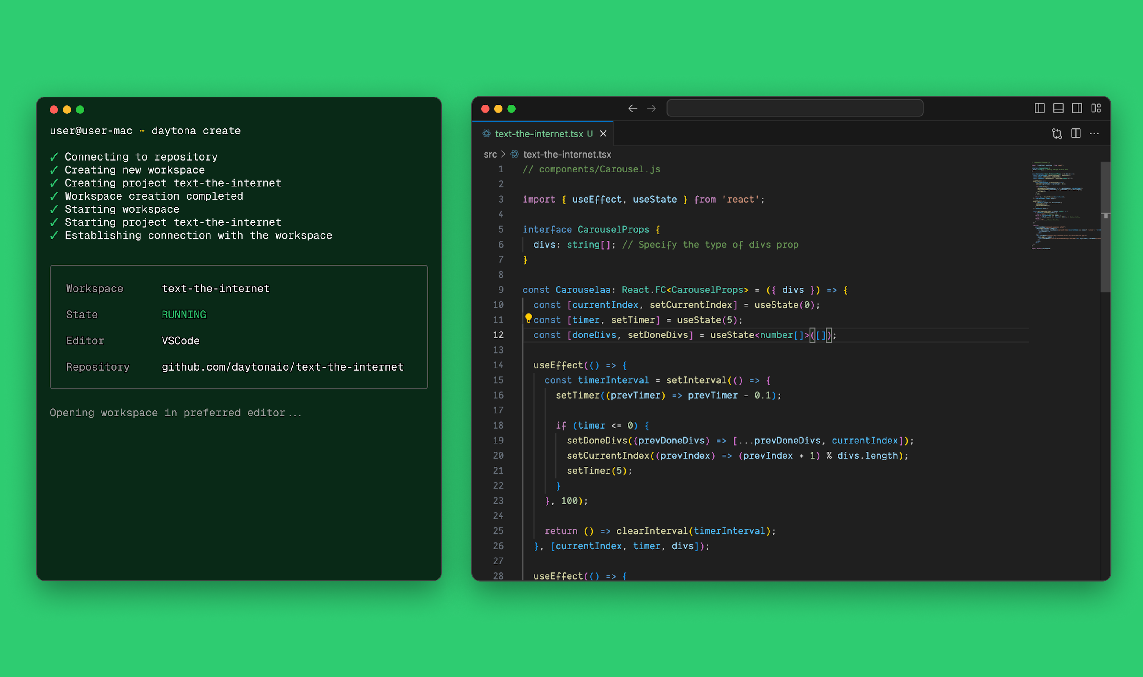 Daytona: Remote Workspace created via terminal & opened in Local VS Code
