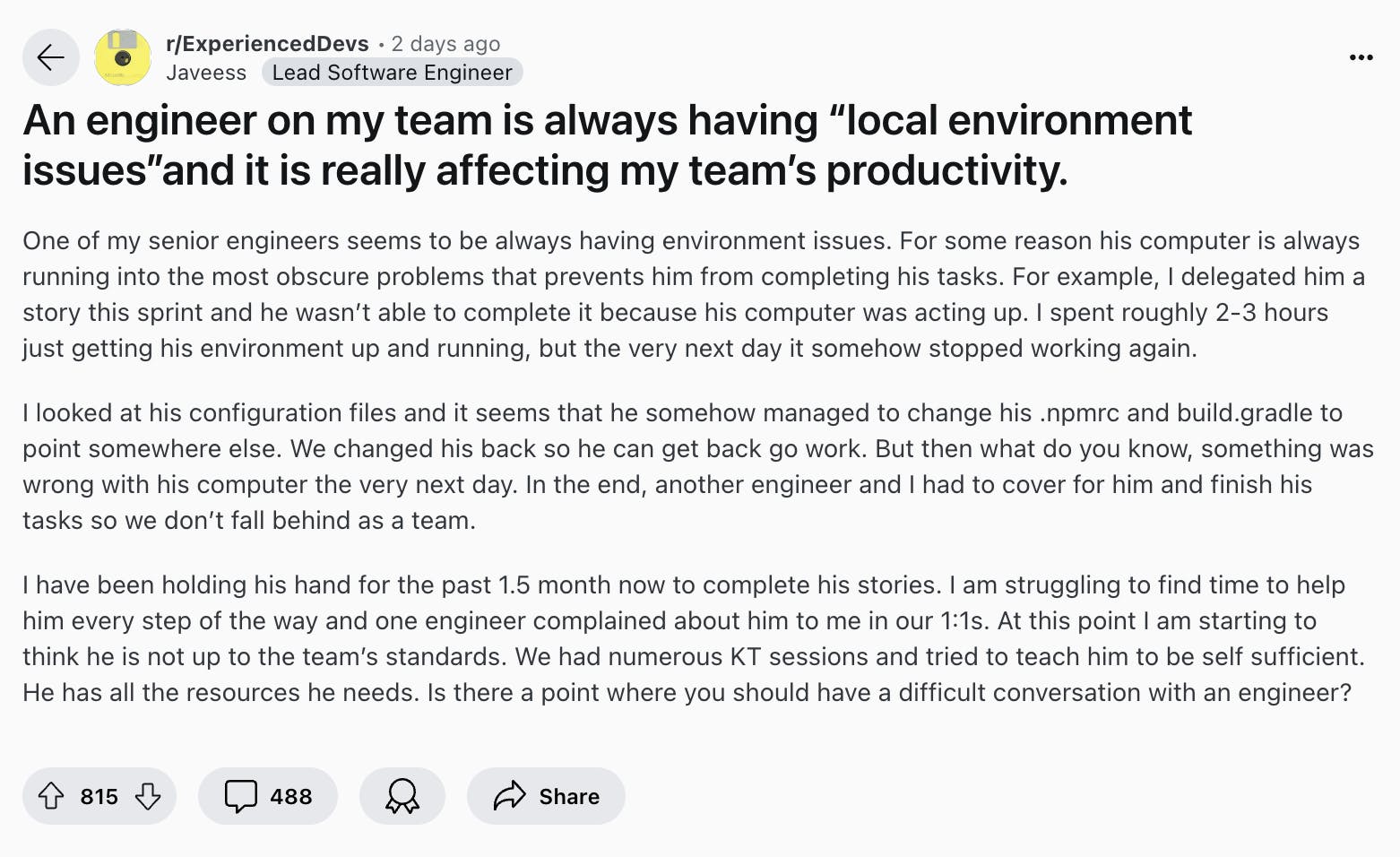 Senior having 'local environment issues'