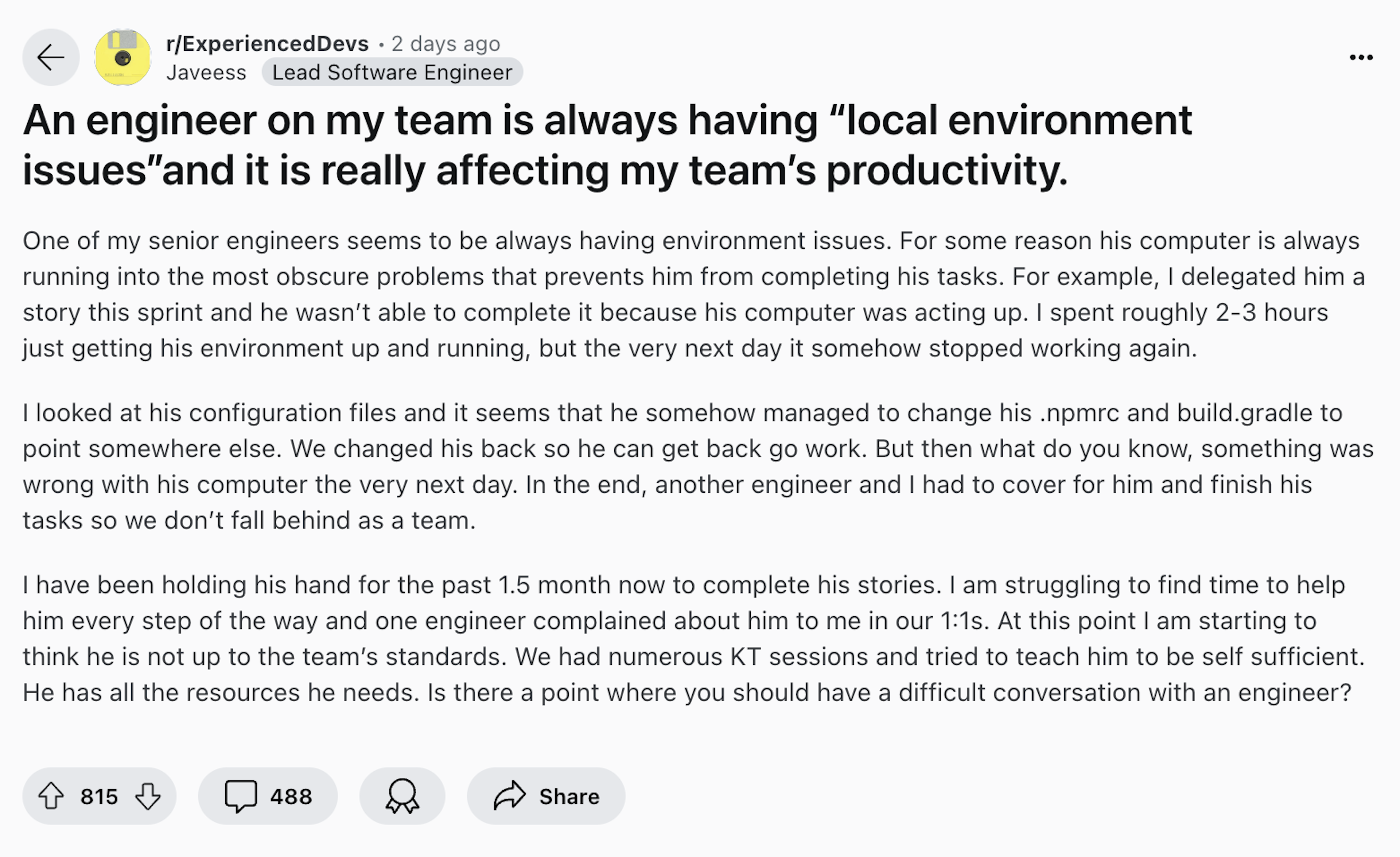 Senior having 'local environment issues'