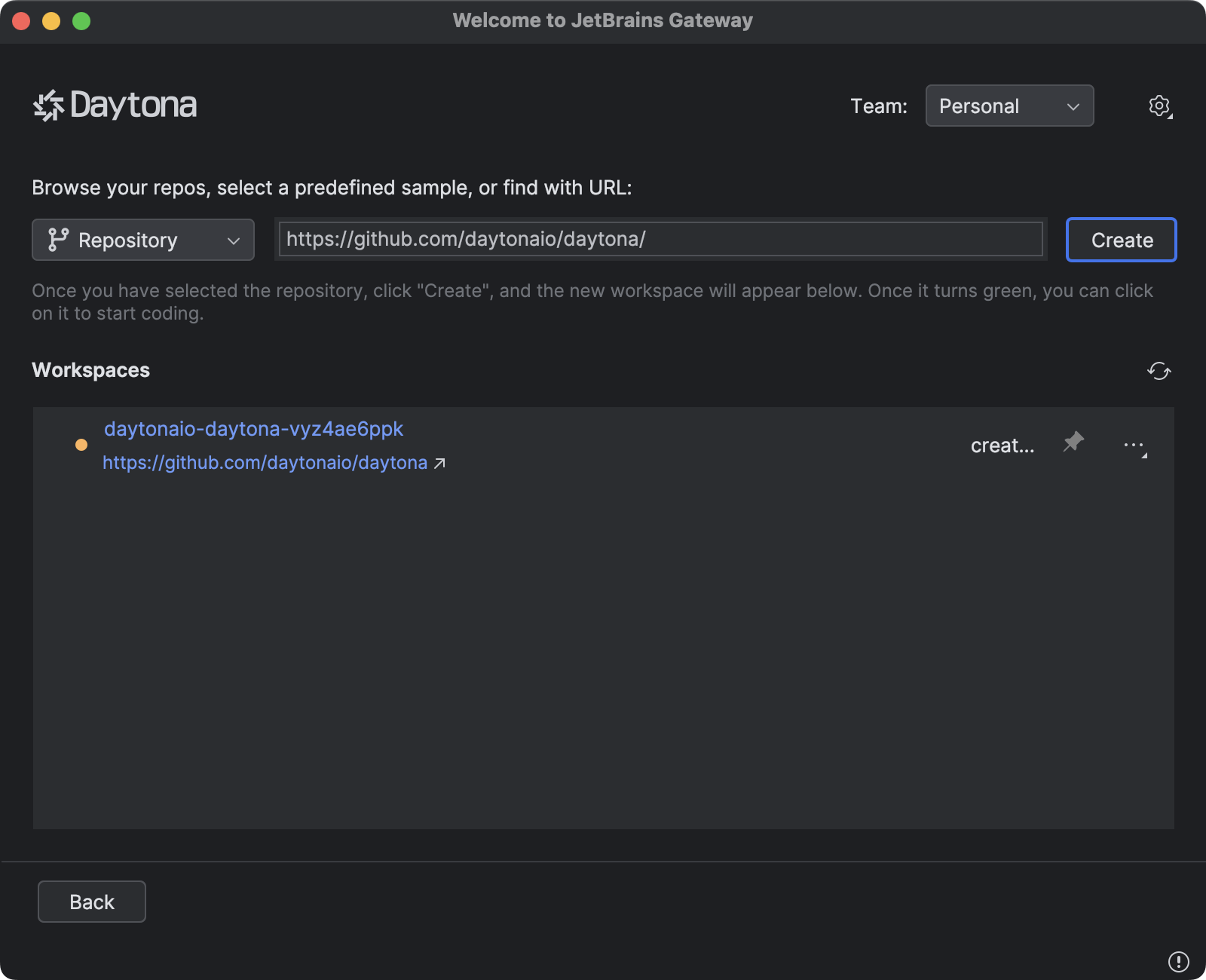 Create new workspace in Daytona JetBrains plugin