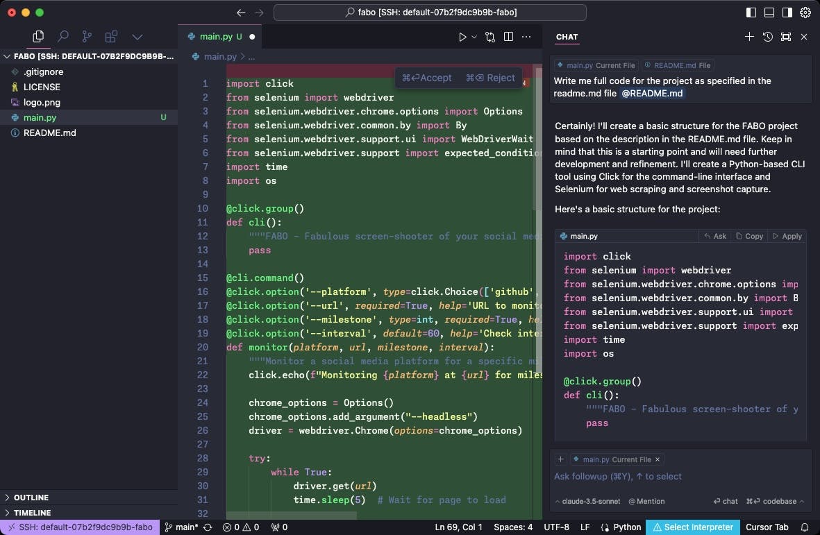Cursor writing a full app based on the readme.md inside Daytona workspace