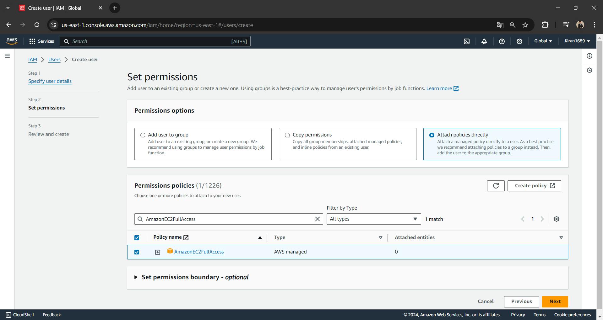 IAM Management Console - Permissions options