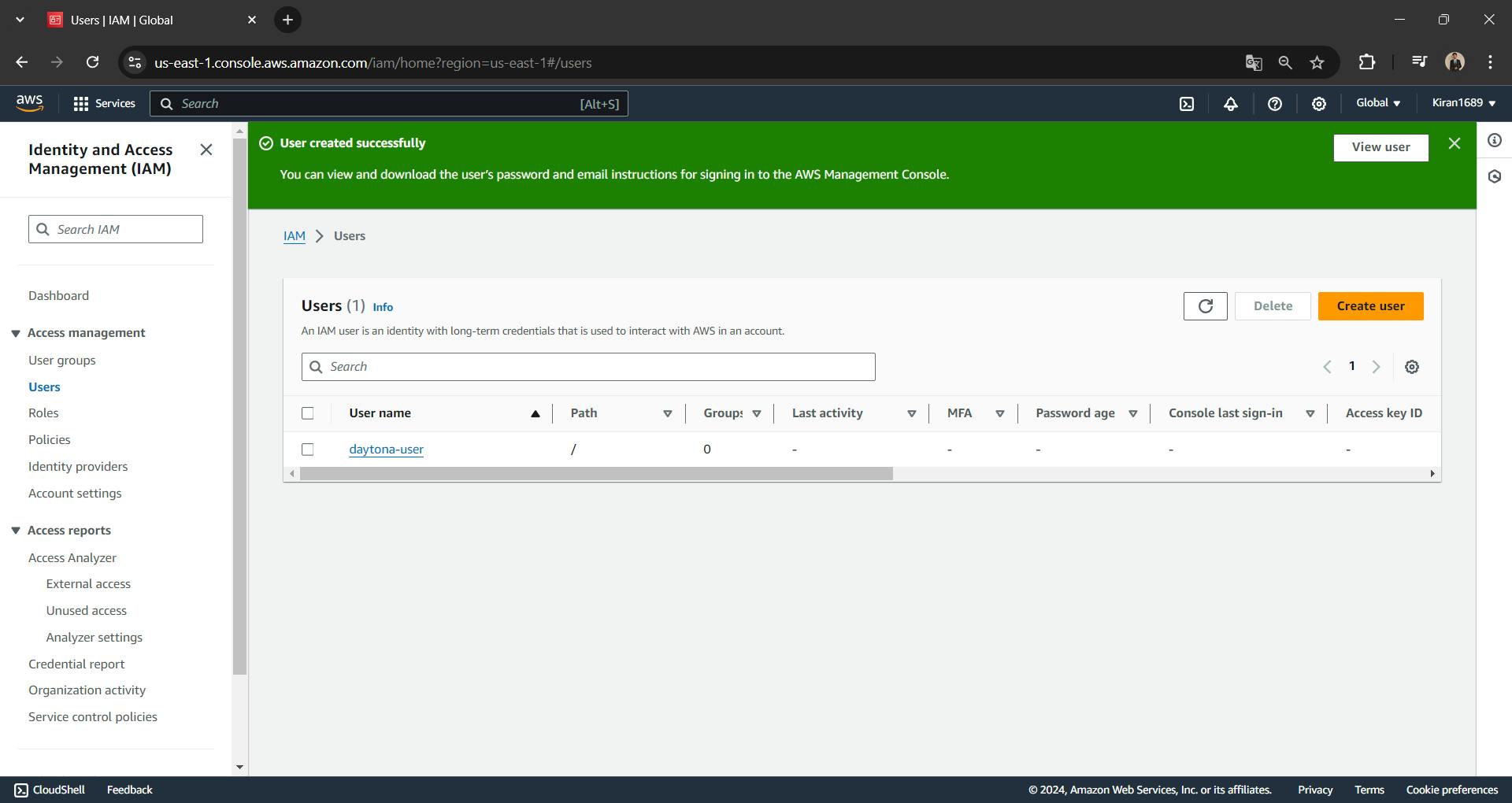 IAM Management Console - Successfully created user