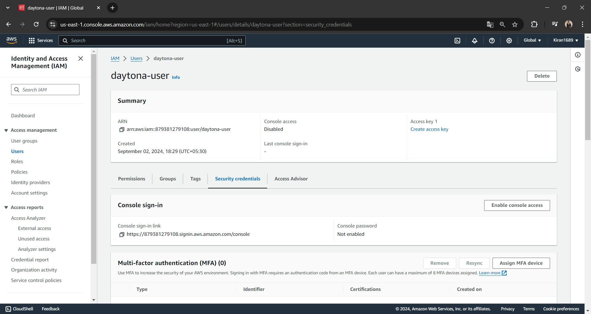IAM Management Console - User Security credentials