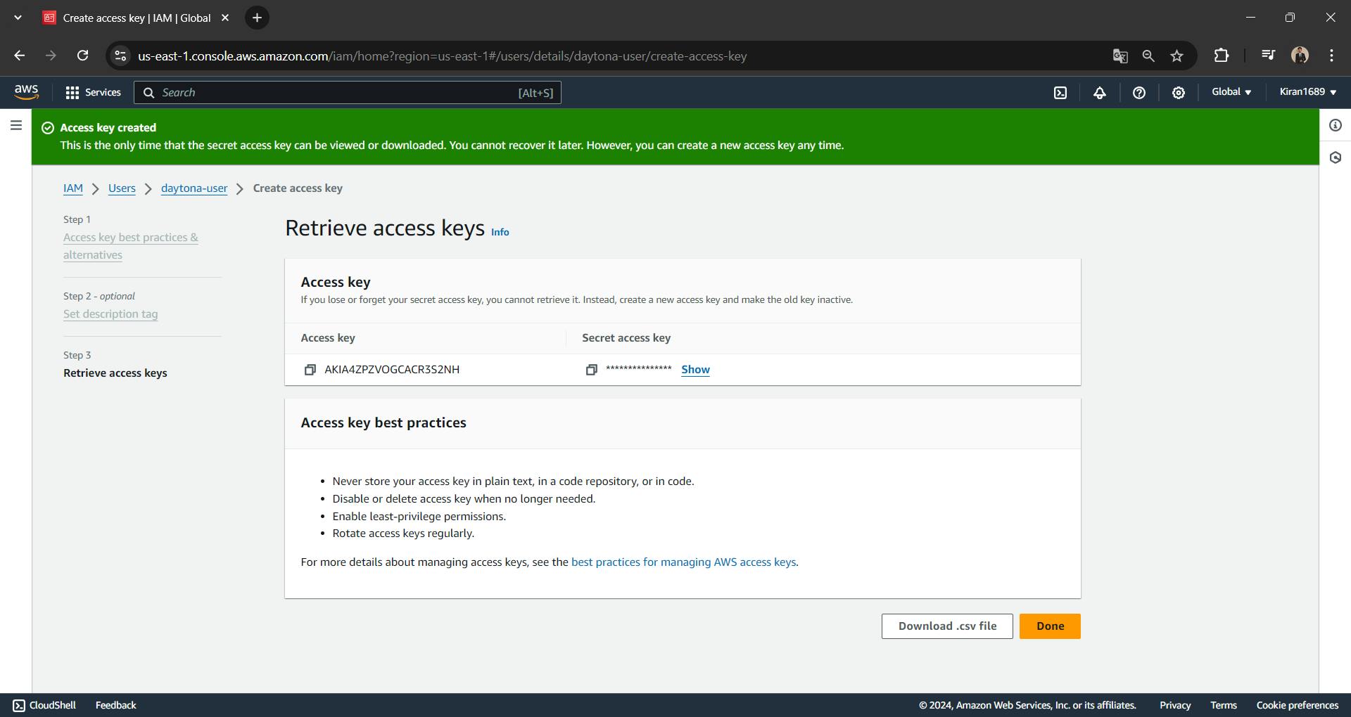IAM Management Console - Retrieve Access Key