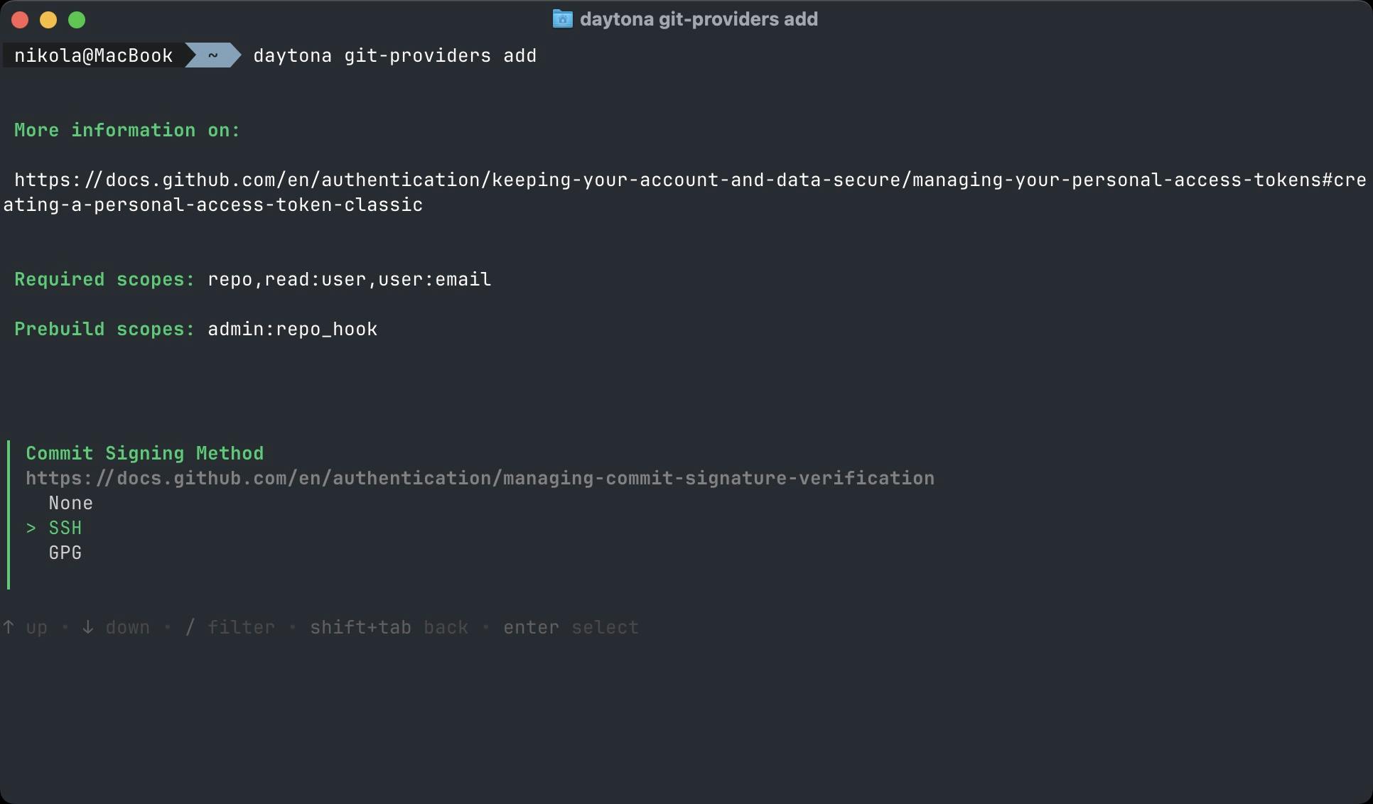 Choose your preferred signing method (SSH or GPG)