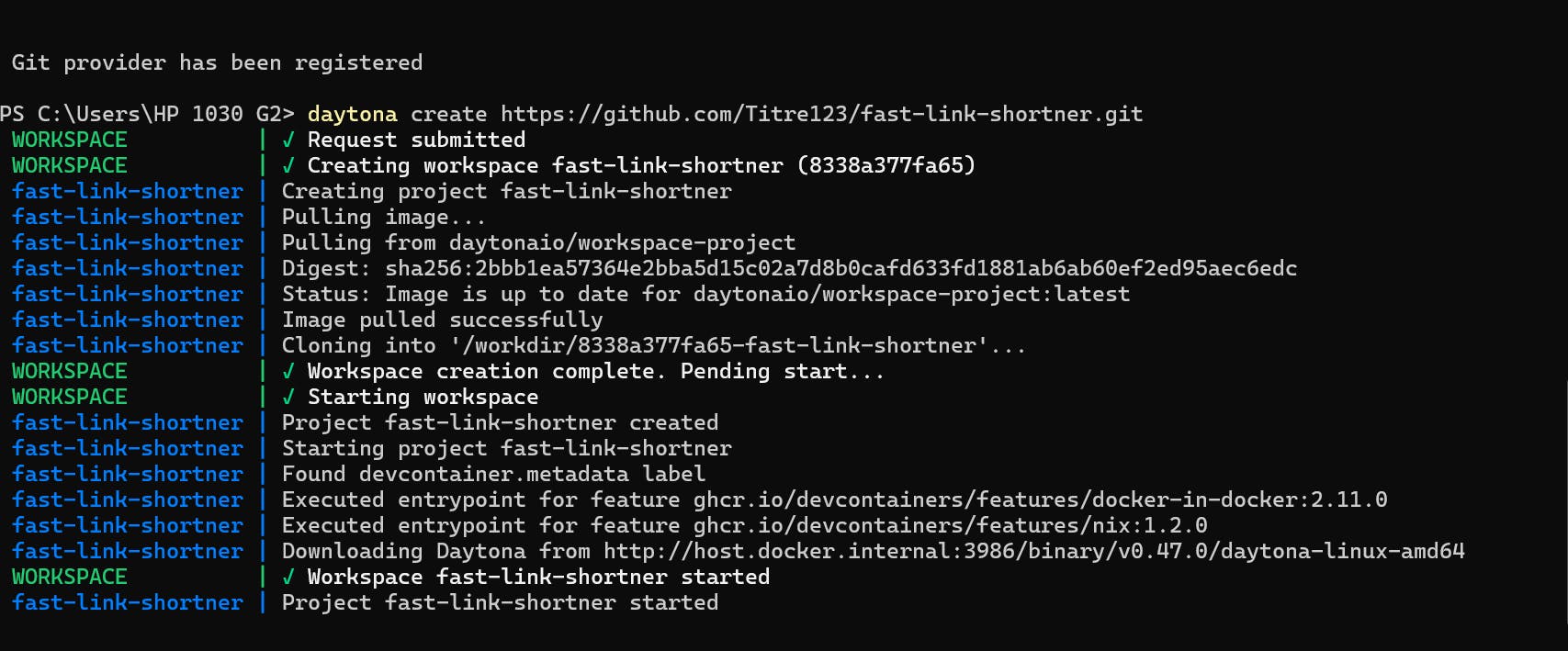 Daytona create spinning a new workspace from GitHub Repo