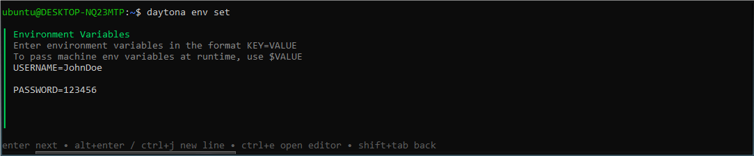 Screenshot example of Daytona env set TUI