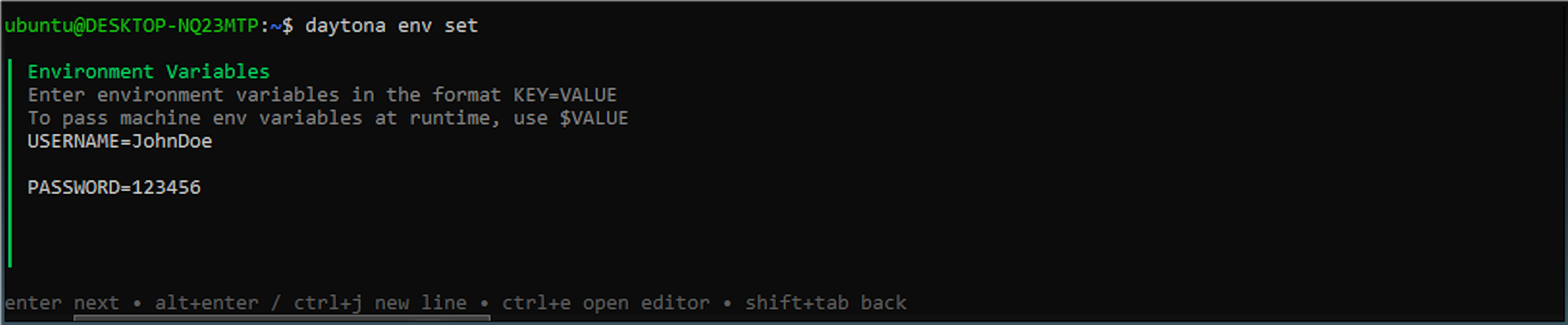 Screenshot example of Daytona env set TUI