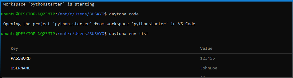 Screenshot example of Daytona env variable list