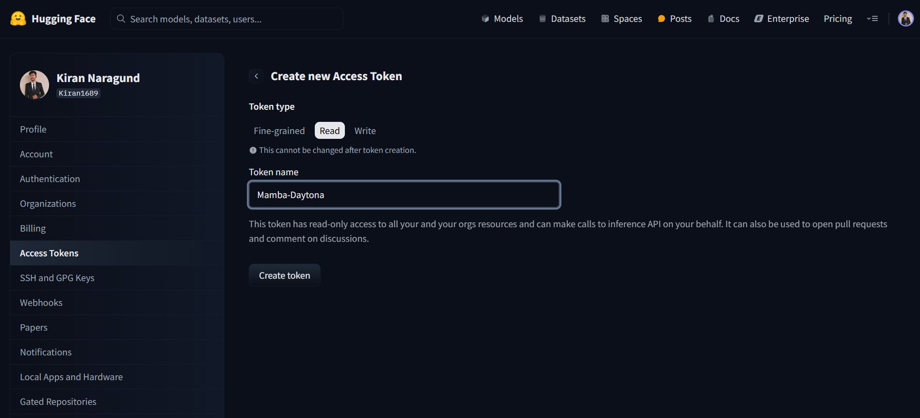 Create New Hugging Face Token