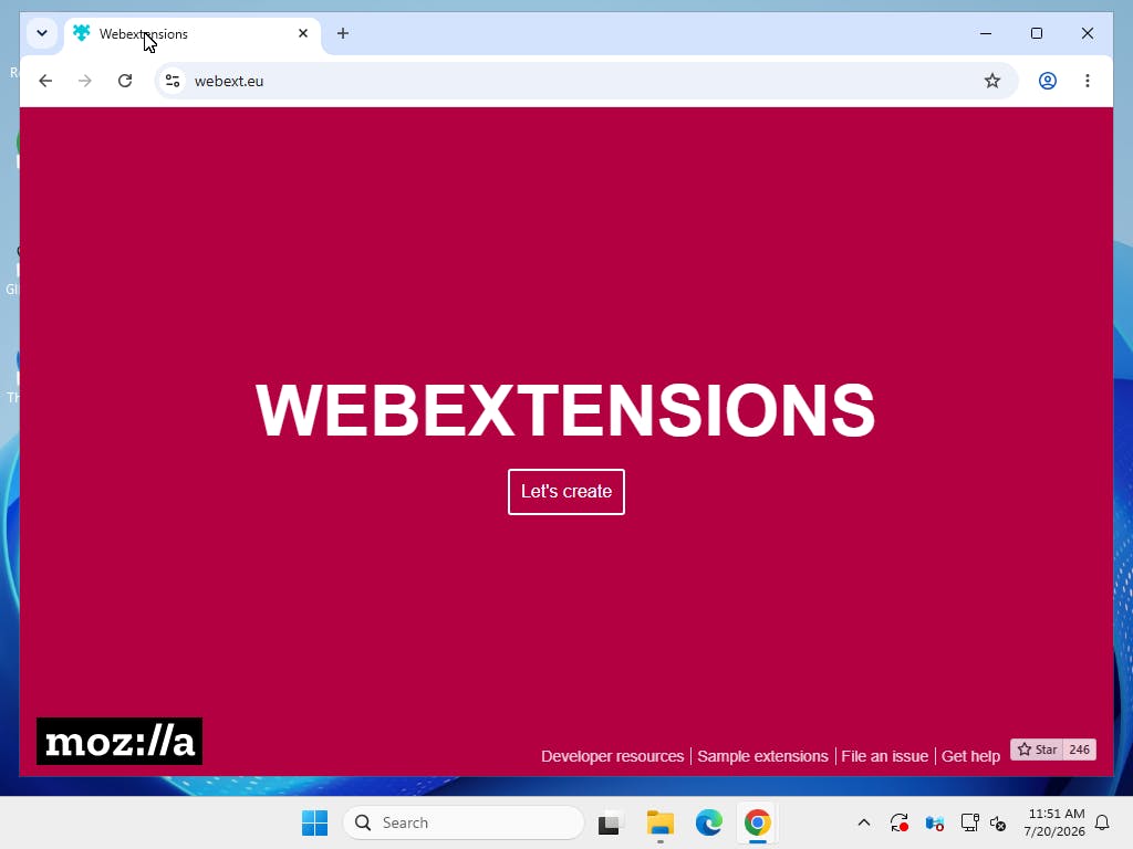 webext.eu landing page with a Let's create button