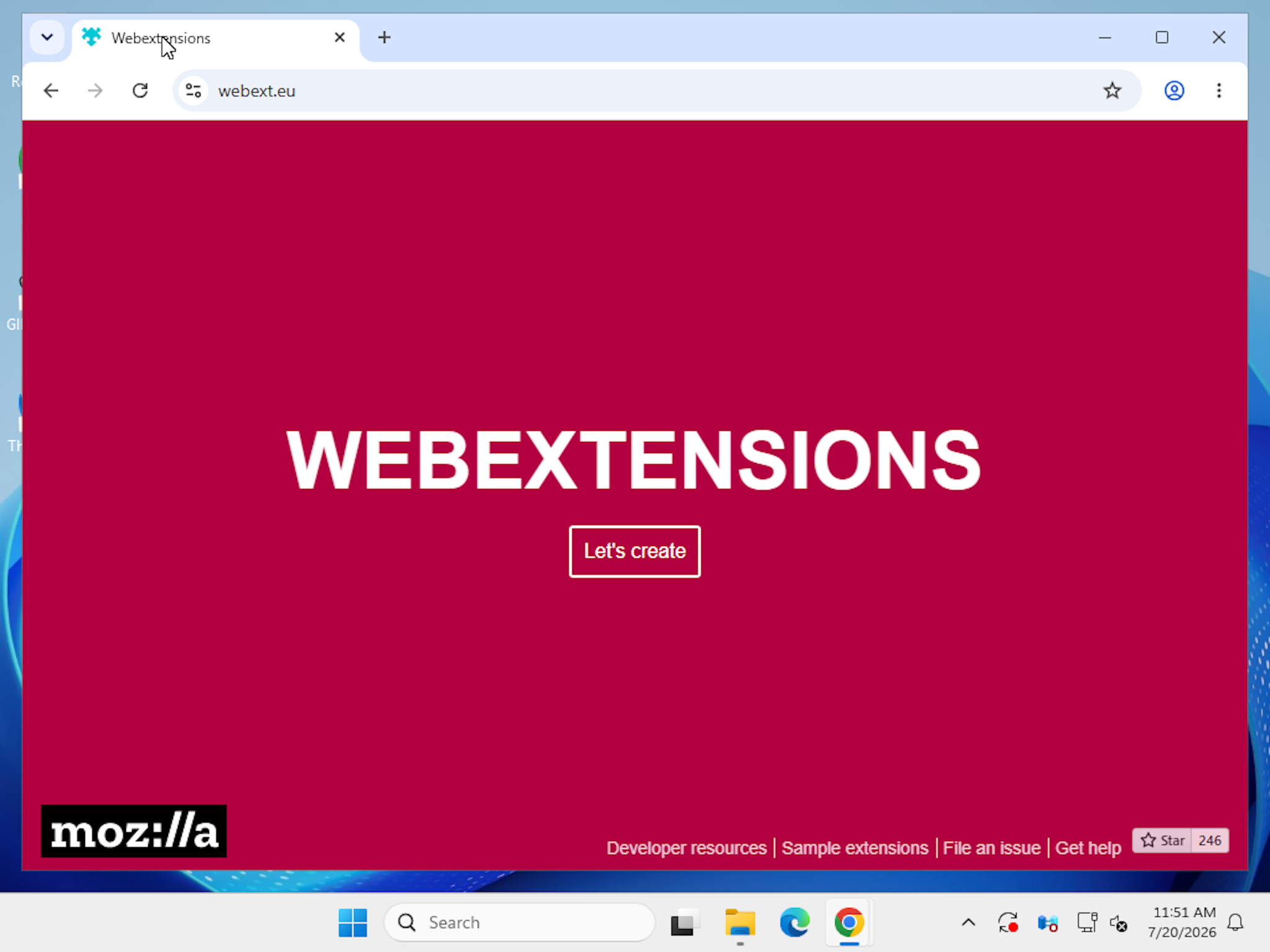 webext.eu landing page with a Let's create button