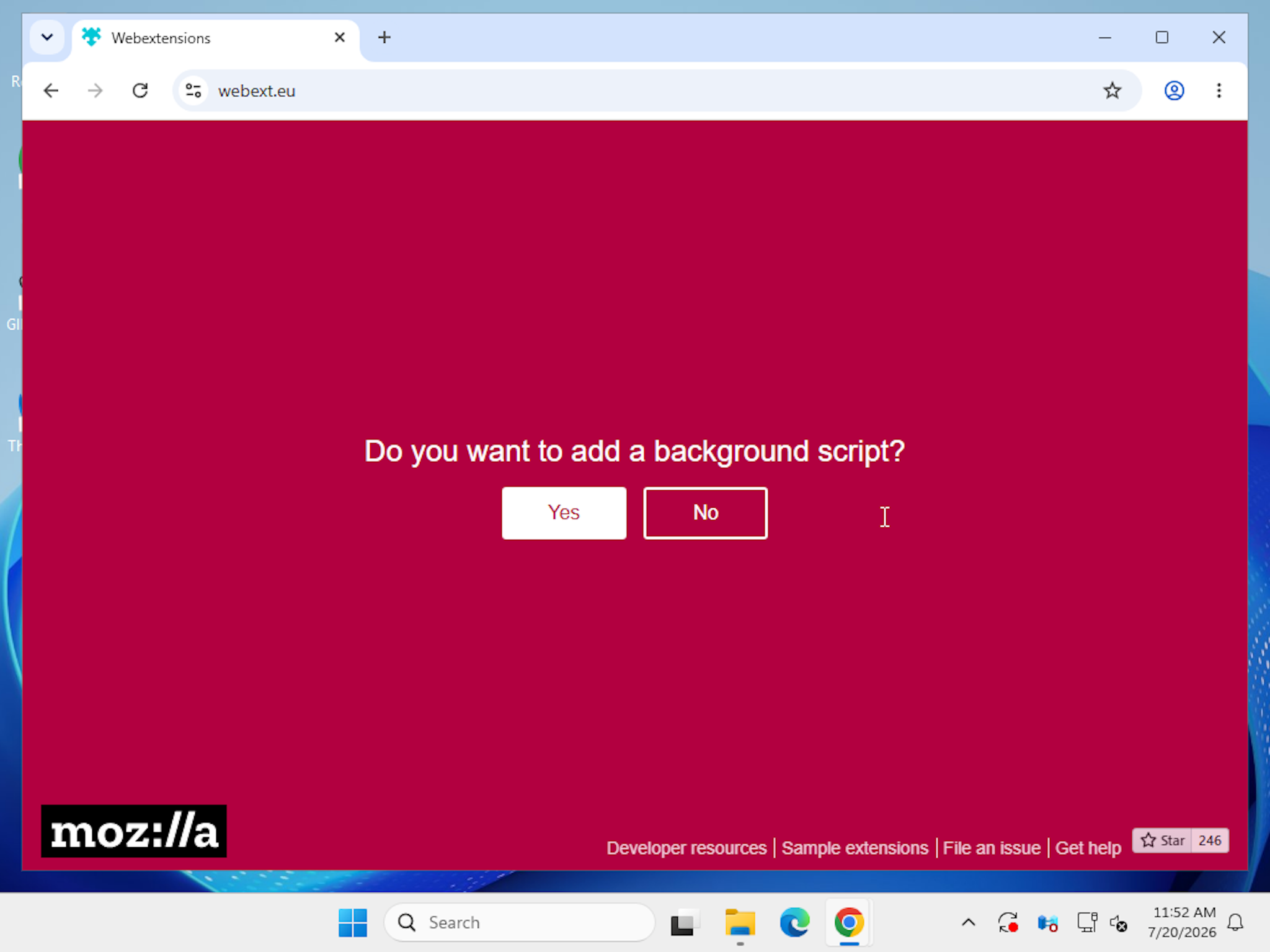 webext.eu wizard asking whether to add a background script