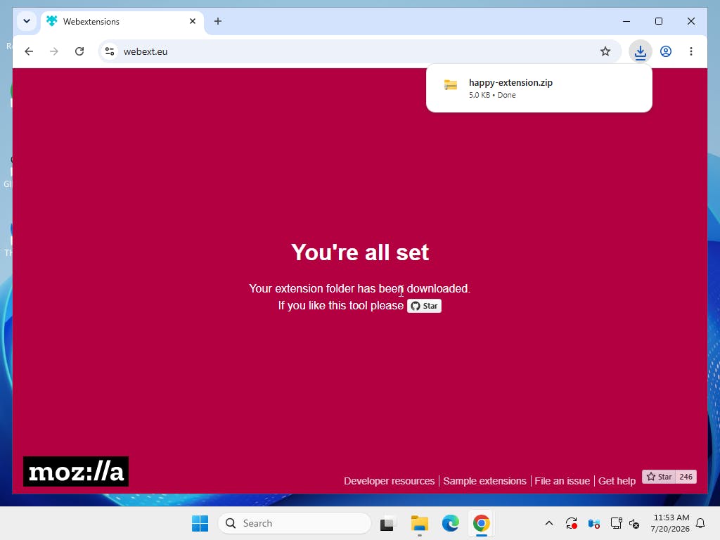webext.eu completion page with the happy-extension ZIP download finished