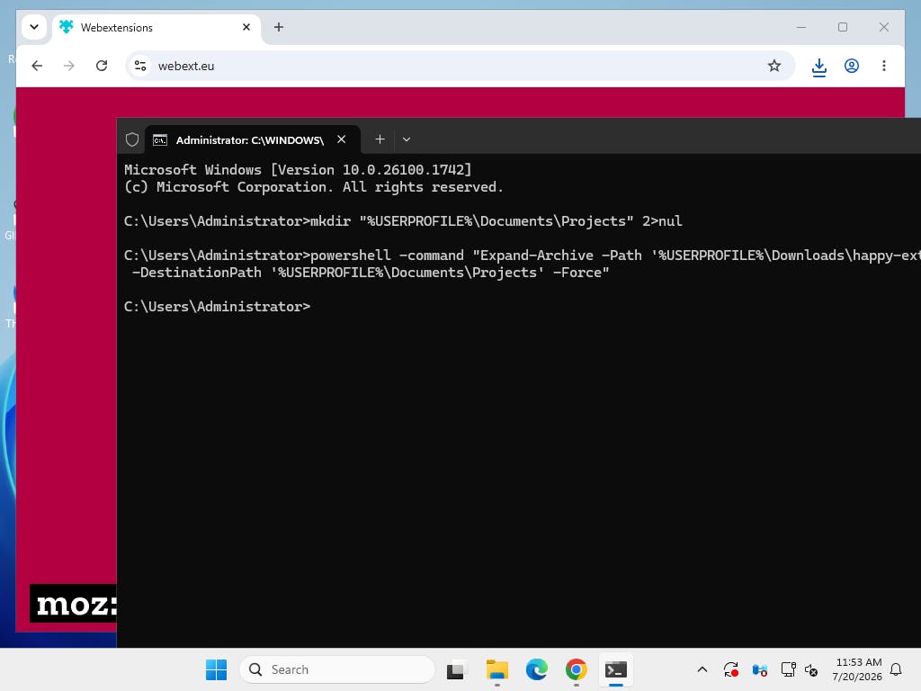 Windows Command Prompt extracting the happy-extension ZIP into Documents Projects