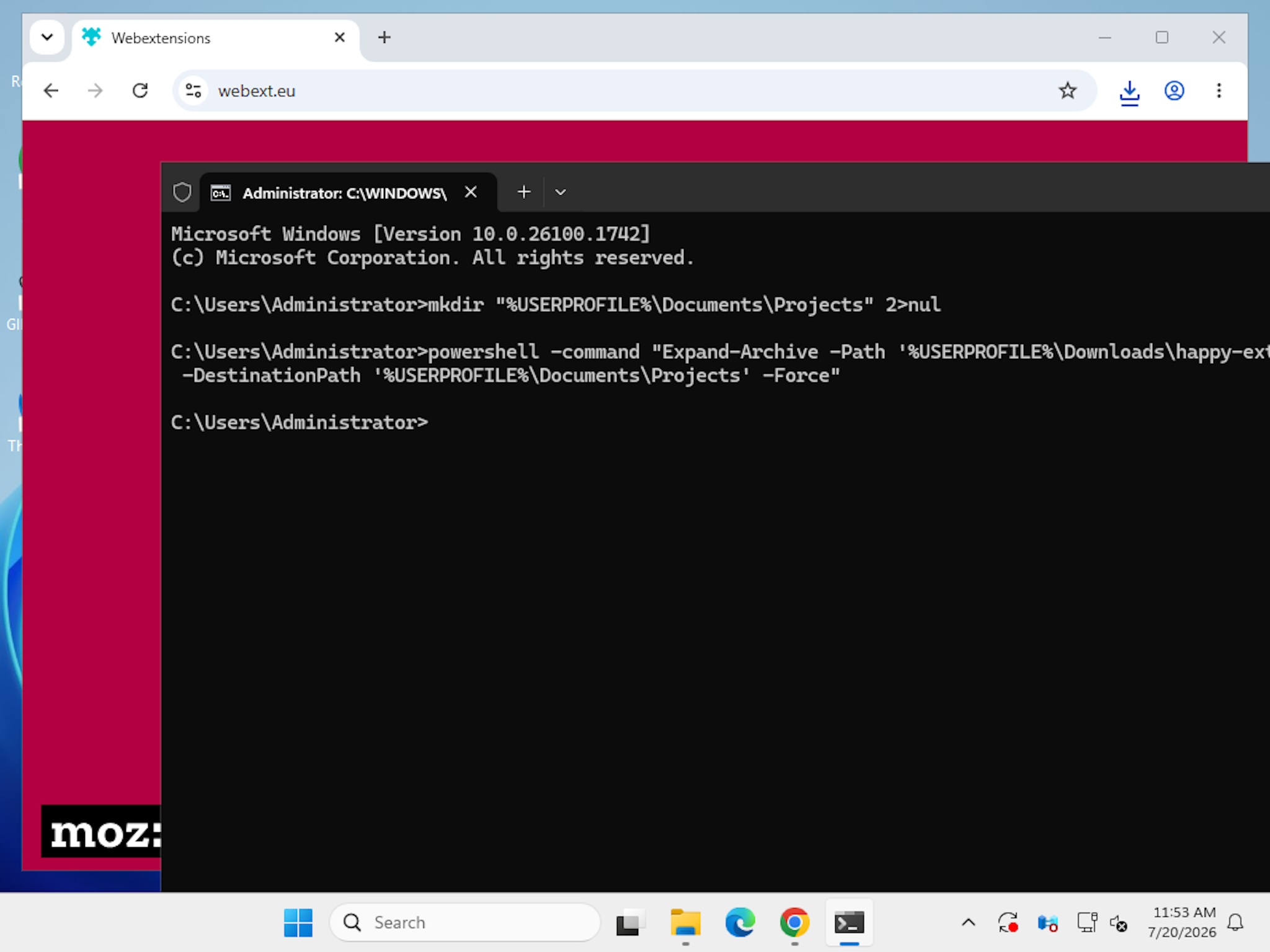 Windows Command Prompt extracting the happy-extension ZIP into Documents Projects