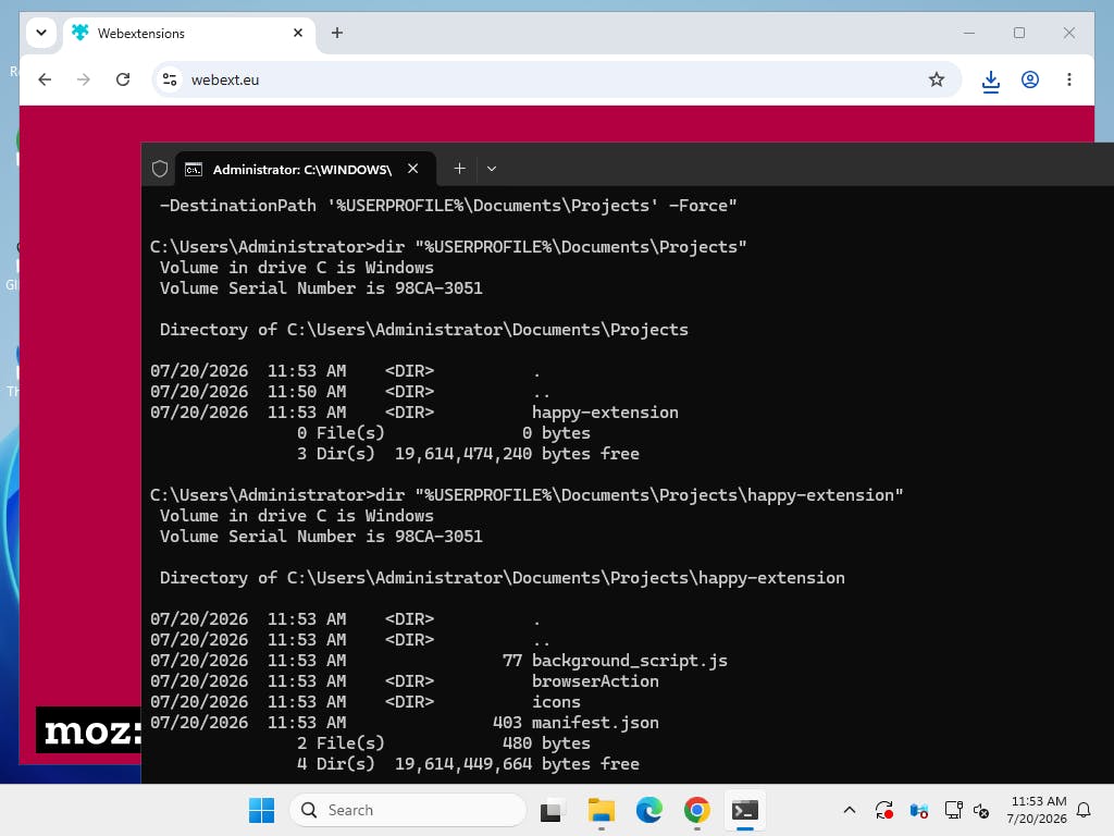 Windows Command Prompt listing the generated happy-extension project files