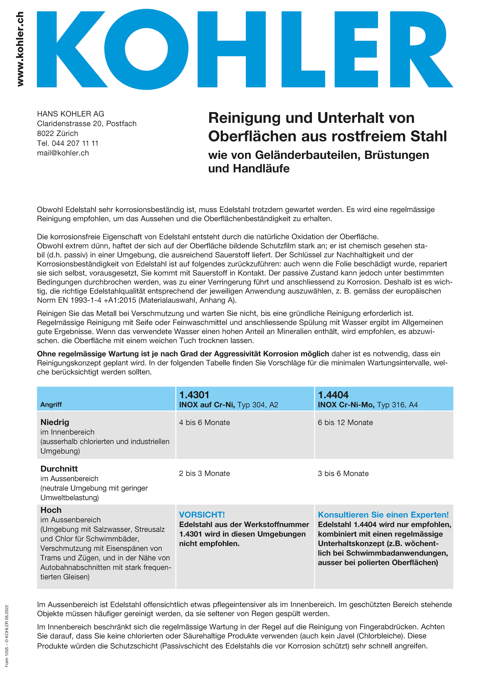 Reinigung und Unterhalt von Oberflächen aus rostfreiem Stahl