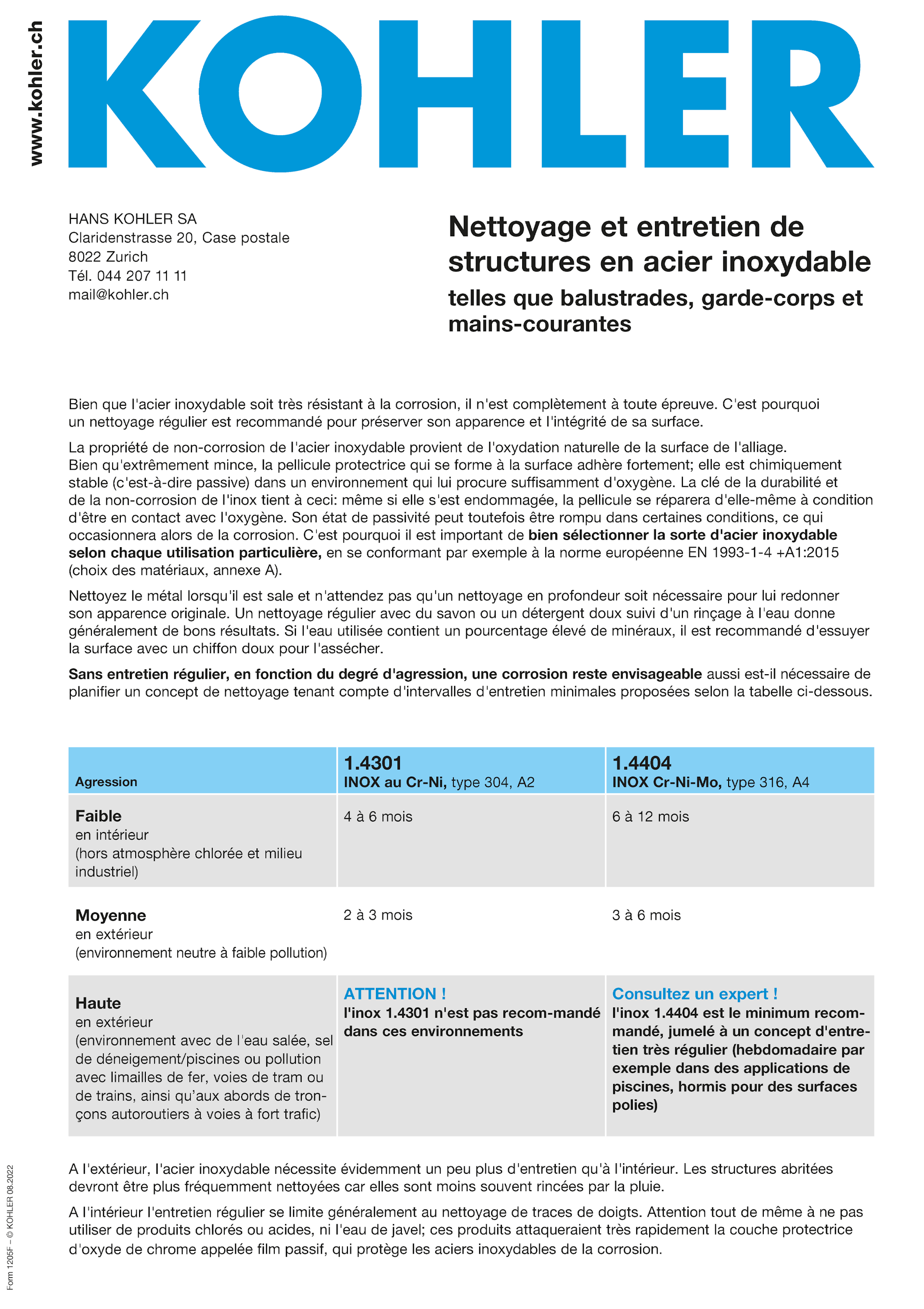 Nettoyage et entretien de structures en acier inoxydable