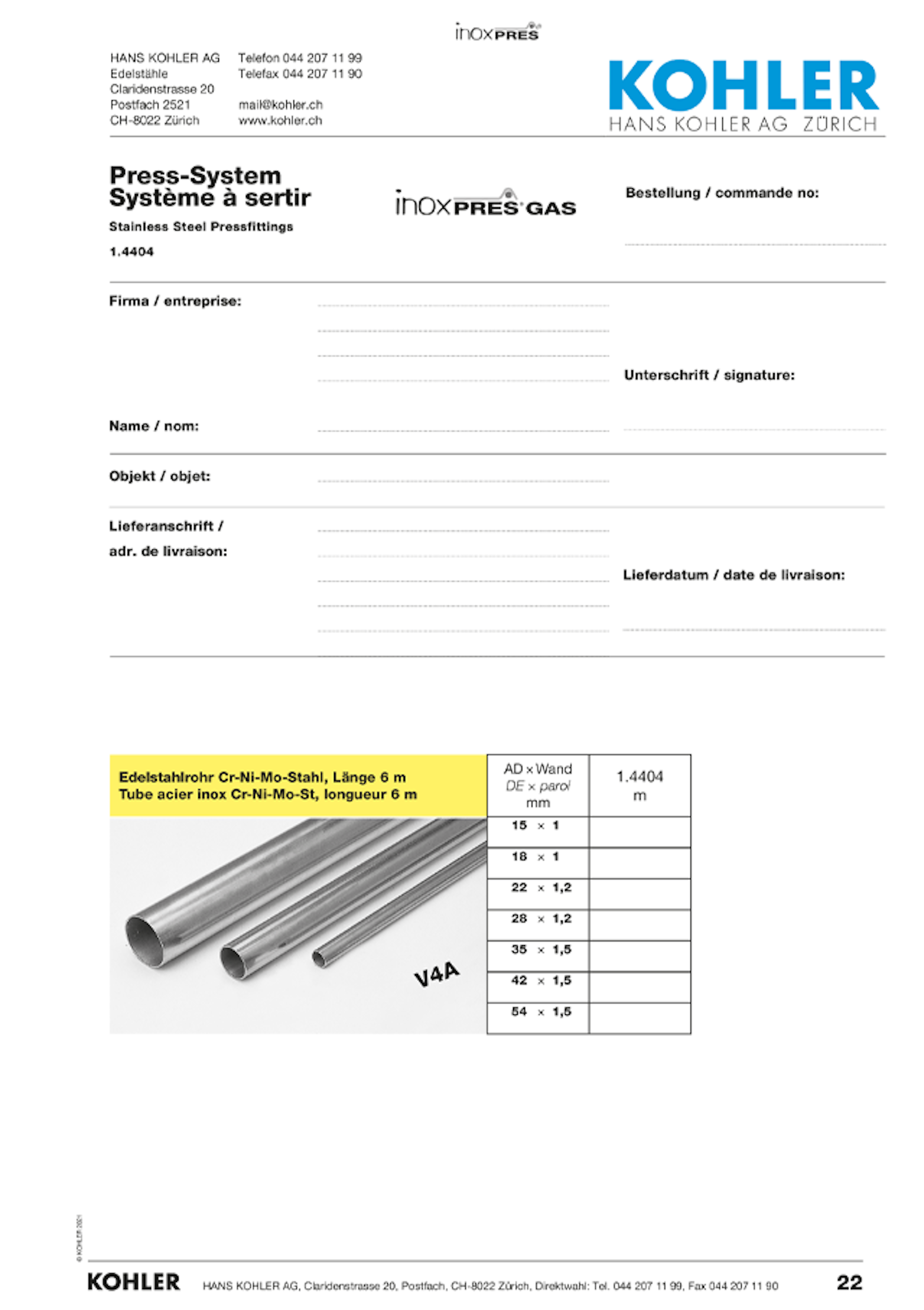 Ausmassblätter Presssystem GAS