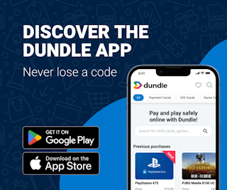 A phone screen with the dundle homepage on a mixed light blue and dark blue background. On the left there are download buttons for Android and Apple.