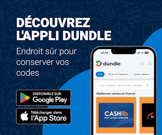 Découvrez l'appli dundle Un écran de téléphone avec la page d'accueil dundle sur un fond mixte bleu clair et bleu foncé. À gauche, des boutons de téléchargement pour Android et Apple.