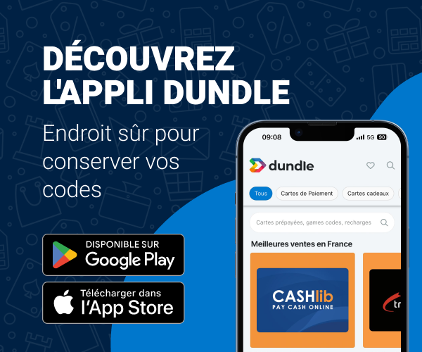 Un écran de téléphone avec la page d'accueil dundle sur un fond mixte bleu clair et bleu foncé. À gauche, des boutons de téléchargement pour Android et Apple.