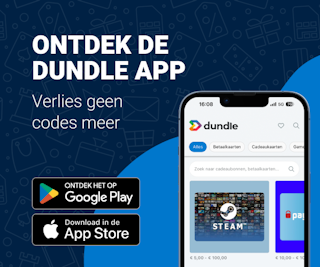 Ontdek de dundle app Een telefoonscherm met de dundle homepage op een gemengde lichtblauwe en donkerblauwe achtergrond. Links staan downloadknoppen voor Android en Apple