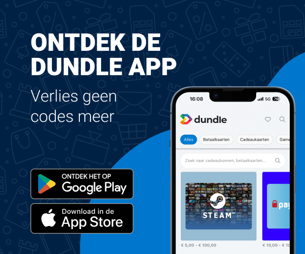 Een telefoonscherm met de dundle homepage op een gemengde lichtblauwe en donkerblauwe achtergrond. Links staan downloadknoppen voor Android en Apple