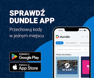 Sprawdź dundle app Ekran telefonu ze stroną główną dundle na jasnoniebieskim i ciemnoniebieskim tle. Po lewej stronie znajdują się przyciski pobierania dla systemów Android i Apple