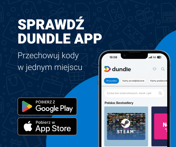 Ekran telefonu ze stroną główną dundle na jasnoniebieskim i ciemnoniebieskim tle. Po lewej stronie znajdują się przyciski pobierania dla systemów Android i Apple